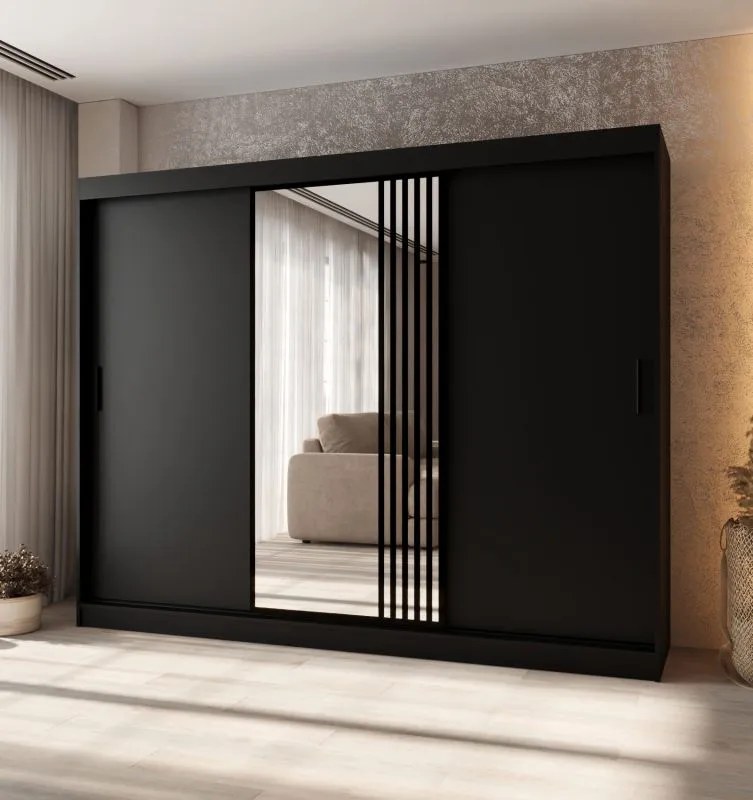 Schiebetürenschrank | 10 Fächer | Schwarz Matt | 2 Kleiderstangen | hochwertig Verarbeitet | Kleiderschrank | 250 x 62 x 200 cm | dekorative Spiegeltür