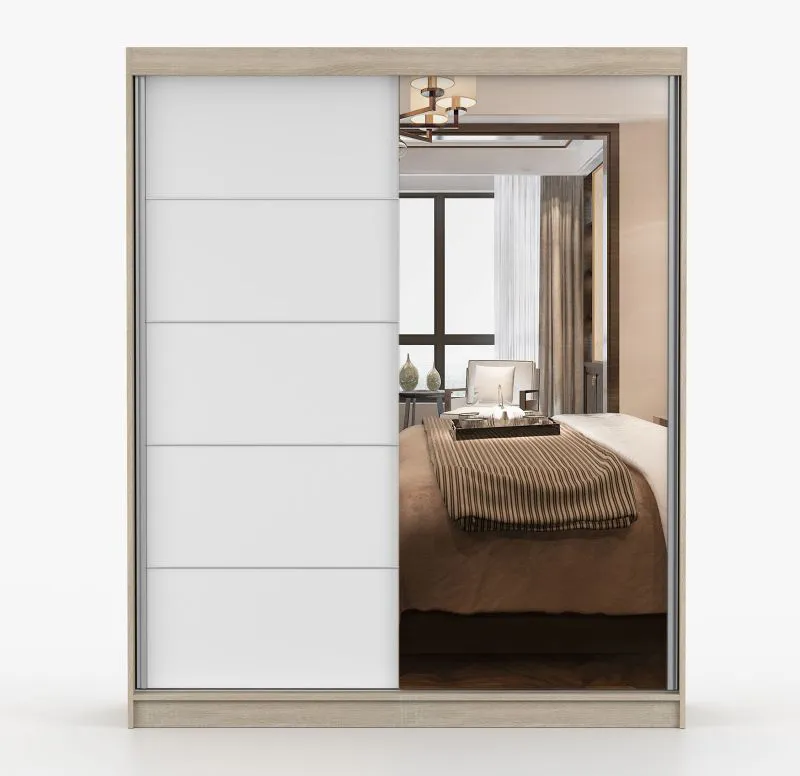 Schiebetürenschrank 1,6 Meter breit / Kleiderschrank | Galtee 07 | Weiß / Eiche | mit Spiegel | 6 Fächer | 2 Türen | 195 x 160 x 61 cm | robust