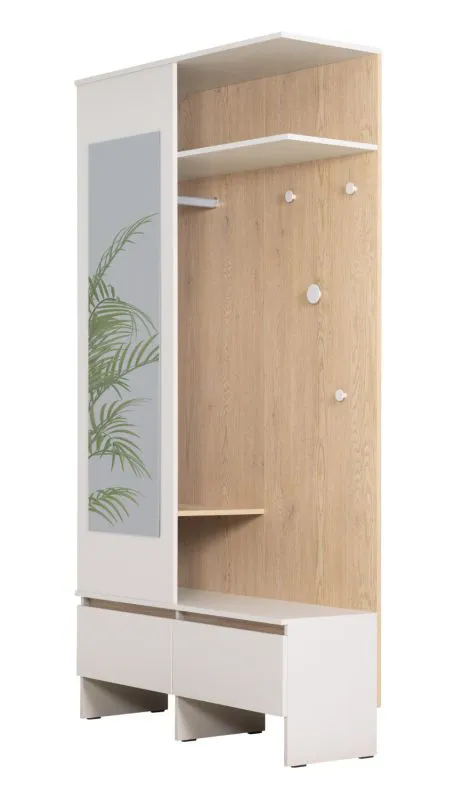 Garderobe mit Spiegel Tarouca 01 | 210 x 110 x 38 cm | Kaschmir / Creme Torro | 2 Klappfächer | 4 Kleiderhaken | 2 Klappfächer | Zweifarbig | viel Platz