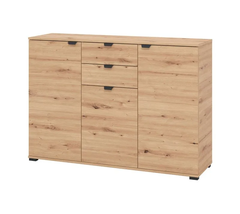 Kommode mit drei Türen Pecini 03, Farbe: Eiche Artisan, zwei Schubladen, Sideboard, acht Fächer, ABS-Kanten, Maße: 95 x 135 x 40 cm, modernes Design