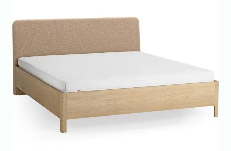 Doppelbett | Eiche massiv | 180 x 200 cm | Farbe: Eiche / Taupe | weich gepolsterte Kopfstütze | inkl. Lattenrost | dezent abgerundete Form