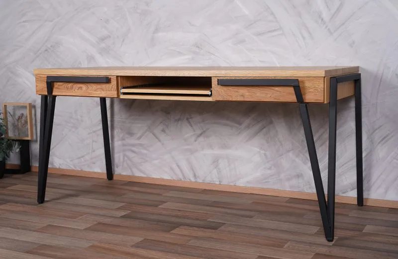 Schreibtisch Kastav 49, Farbe: Eiche / Schwarz, teilmassiv - 79 x 180 x 75 cm (H x B x T)