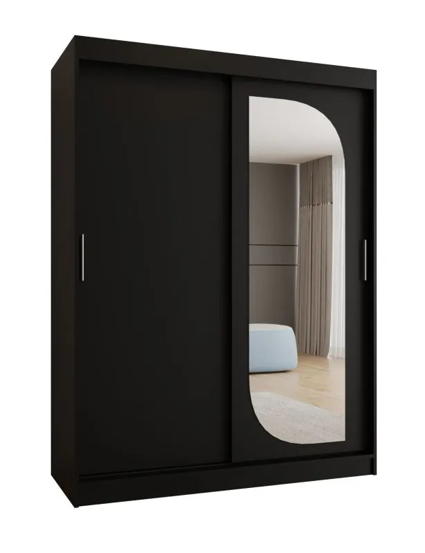 Schiebetürenschrank / Kleiderschrank Signalkuppe 11, Farbe: Schwarz, 1,5 Meter breit, zwei Kleiderstangen, fünf Fächer, eine Spiegeltür