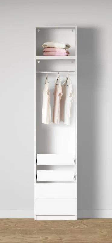 Offener Kleiderschrank | 2 Innenschubladen | Farbe: Weiß | 1 Kleiderstange | 1 Fach | 51,5 x 55 x 234 cm | 2 Schubladen | schmaler Schrank