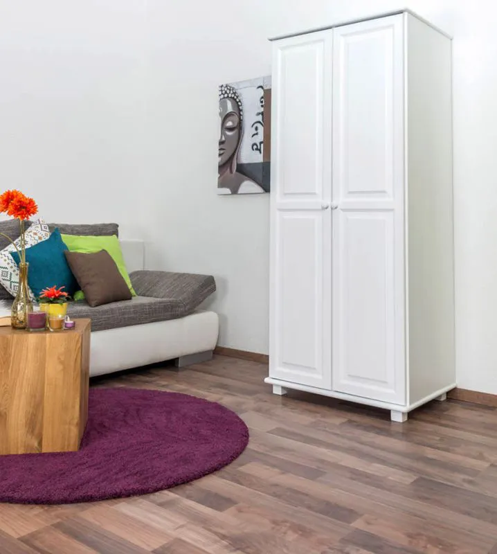 Schmaler Kleiderschrank | 2 Drehtüren | 4 Fächer | mit Kleiderstange | 80 cm breit | Massivholz | Farbe: Weiß Abbildung