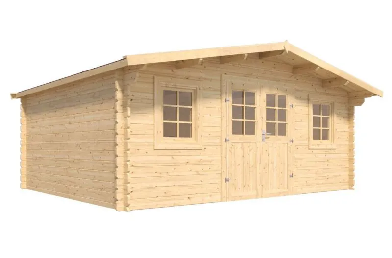 Gartenhaus Wiesencharme 03, 44 mm Blockbohlenhaus, Satteldach, Grundfläche 20 m², Naturbelassen, mit 1 Doppeltür und 2 Einzelfenstern