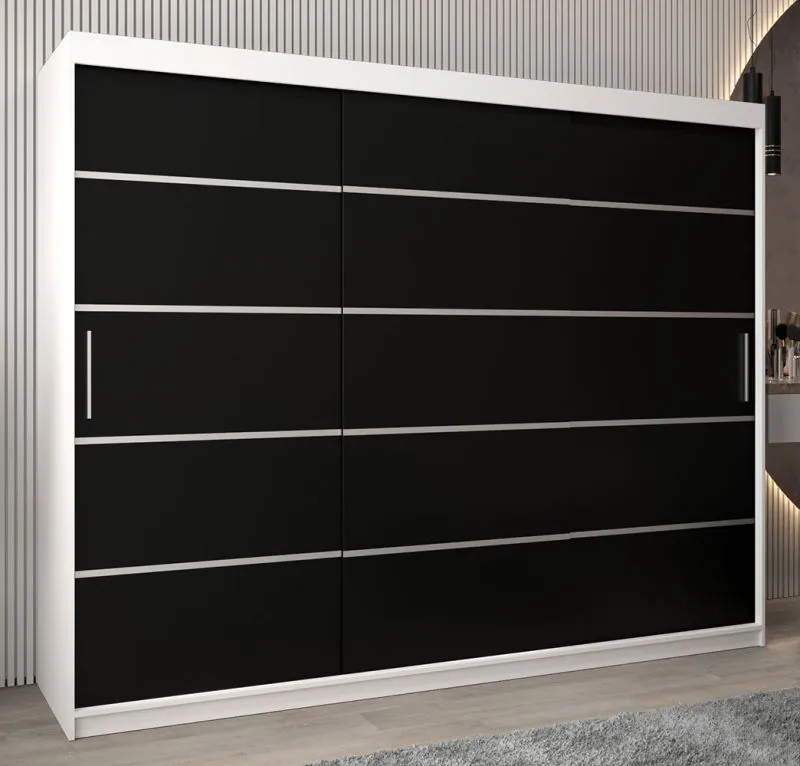 Schiebetürenschrank / Kleiderschrank Jan 06A, Farbe: Weiß matt / Schwarz - Abmessungen: 200 x 250 x 62 cm ( H x B x T)