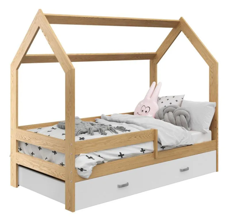 Kinderbett / Hausbett Kiefer Vollholz massiv natur D3, Schublade: Weiß, inkl. Lattenrost - Liegefläche: 80 x 160 cm (B x L)