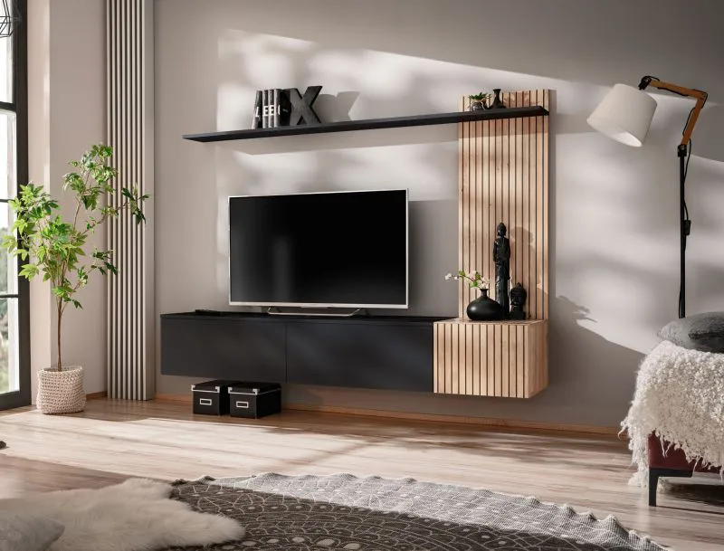 Wohnwand | Farbe: Schwarz / Eiche Hickory Jackson | Push-to-open Funktion | Maße: 180 x 40 x 130 cm | 1 TV-Unterschrank | 1 Wandregal