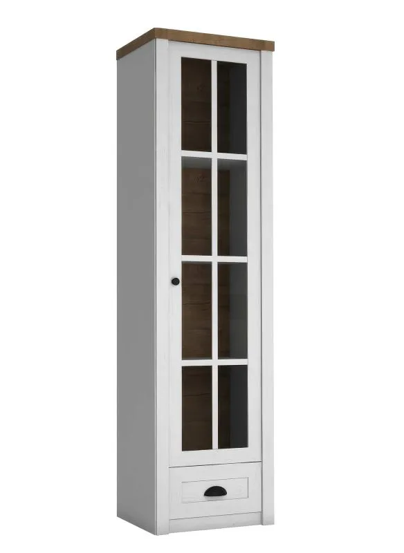 Vitrine Segnas 10, Farbe: Kiefer Weiß / Eiche Braun - 198 x 50 x 43 cm (H x B x T)