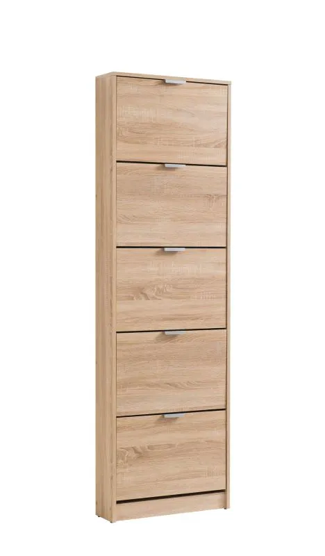Schuhschrank mit fünf Kipptüren Veliko 05, Farbe: Eiche Sonoma, ABS-Kanten, fünf Fächer, Maße: 191,5 x 58 x 18 cm, funktional und modern