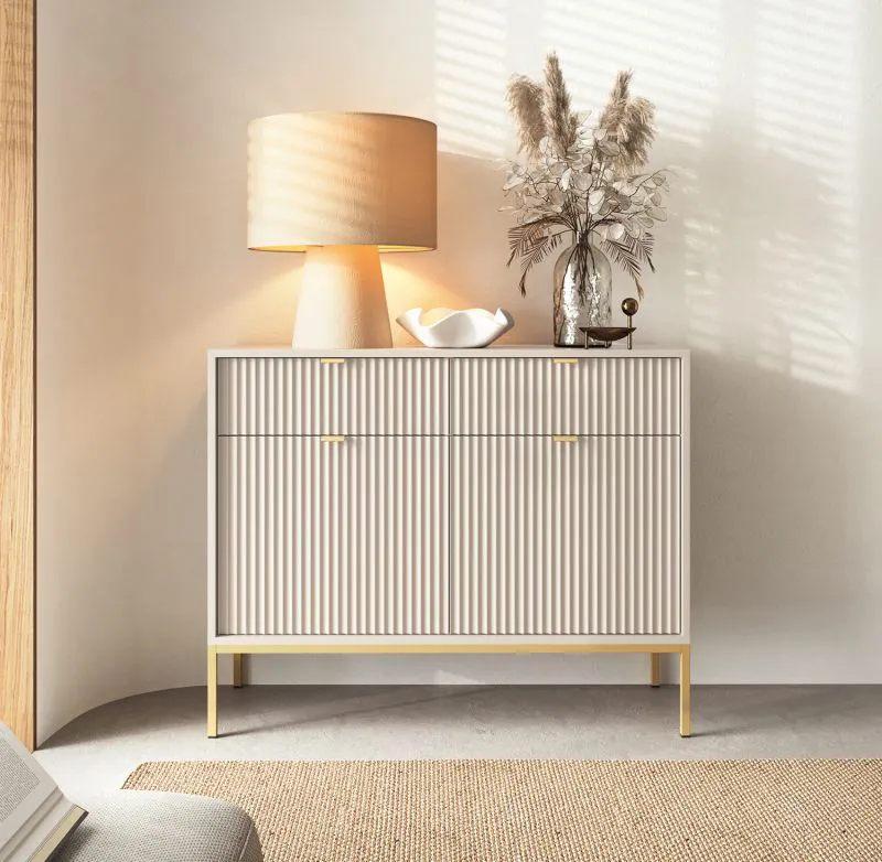 Elegante Kommode mit zwei Schubladen Worthing 66, Farbe: Kaschmir, Maße: 83 x 104 x 39 cm, ABS-Kantenschutz, Beine und Griffe: Gold, vier Fächer