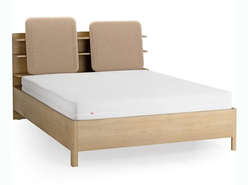 Doppelbett | 160 x 200 cm | Farbe: Eiche / Taupe | gepolsterte Kopfstütze | vier offene Regale | Behälter hinter Rückenlehne | inkl. Lattenrost