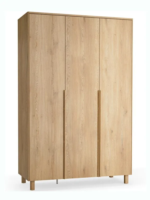 Kleiderschrank | Farbe: Eiche | 3 Türen | integrierte LED-Beleuchtung | Soft-Close Funktion | 153 x 60 x 235 cm | 3 Schubladen | 1 Kleiderstange | 7 Fächer