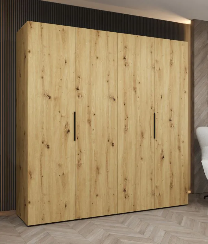 Drehtürenschrank mit vier Türen Korab 23, Farbe: Eiche Artisan, zwei Kleiderstangen, 2 Meter breit, Griffe: Schwarz, Soft-Close-Funktion, zwei Fächer
