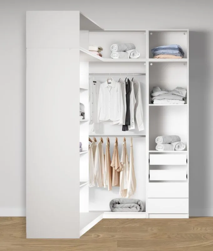 Offener Eckkleiderschrank | 4 Schubladen | 10 Fächer | Farbe: Weiß | 2 Kleiderstangen | 5 Holzeinlegeböden | Maße: 108,5 x 55 x 234 cm | für Schlafzimmer