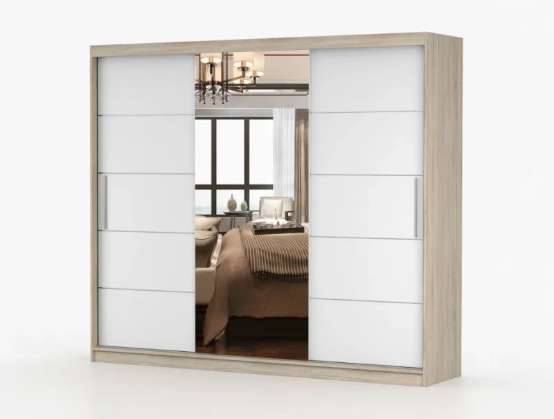 2,5 Meter breiter Kleiderschrank / Schiebetürenschrank mit Spiegel Eiche / Weiß | Cevennen 10 | 218 x 250 x 61 cm | 3 Türen | 12 Fächer | Holzoptik