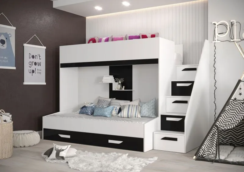 Etagenbett / Kinderbett / Funktionsbett-Kombination - mit Bettschublade und Treppe, Jura 36, Weiß / Schwarz - Liegefläche: 90 x 200 cm / 90 x 185 cm