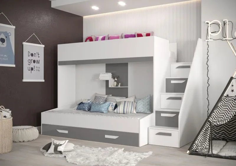 Etagenbett / Kinderbett / Funktionsbett-Kombination - mit Bettschublade und Treppe, Jura 37, Weiß / Grau - Liegefläche: 90 x 200 cm / 90 x 185 cm