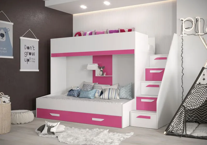 Etagenbett / Kinderbett / Funktionsbett-Kombination - mit Bettschublade und Treppe, Jura 35, Weiß / Pink - Liegefläche: 90 x 200 cm / 90 x 185 cm