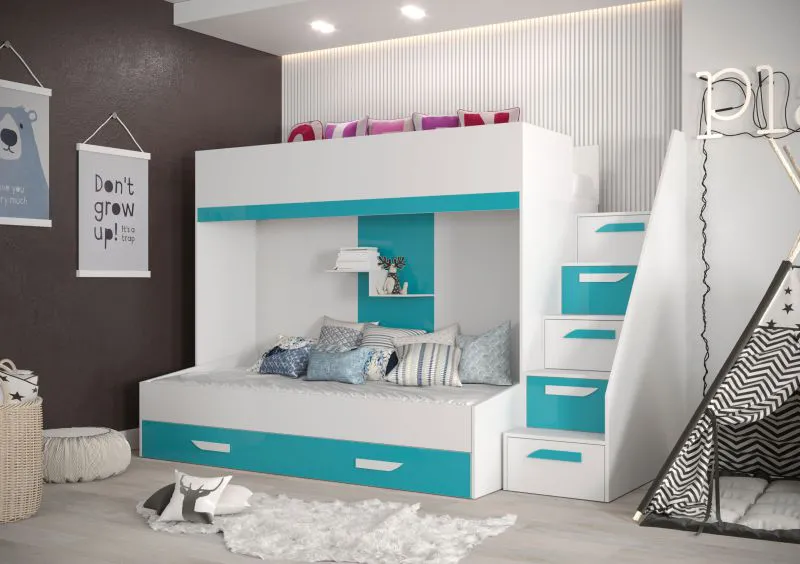 Etagenbett / Kinderbett / Funktionsbett-Kombination - mit Bettschublade und Treppe, Jura 34, Weiß / Türkis - Liegefläche: 90 x 200 cm / 90 x 185 cm