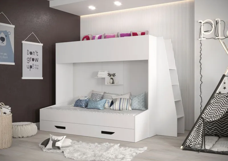 Etagenbett / Kinderbett / Funktionsbett-Kombination mit Treppe, Bettschublade und Wandregal, Jura 51, Weiß / Schwarz -Liegefläche: 90 x 200 cm / 90 x 185 cm
