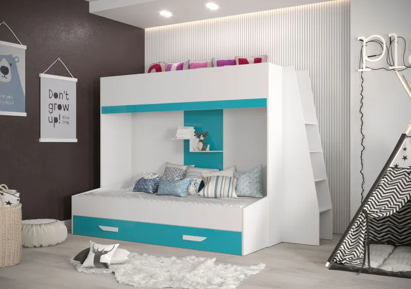 Etagenbett / Kinderbett / Funktionsbett-Kombination mit Treppe, Bettschublade und Wandregal, Jura 43, Weiß/Türkis - Liegefläche: 90 x 200 cm / 90 x 185 cm