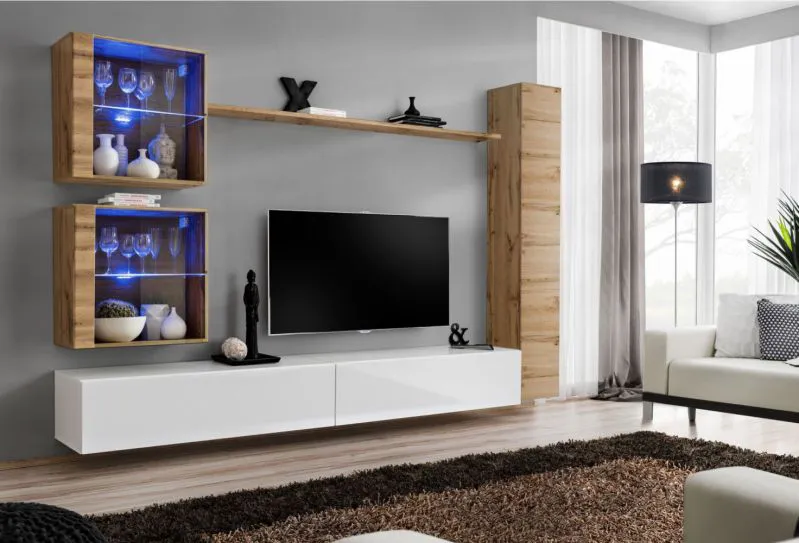 Wohnwand mit LED-Beleuchtung Balestrand 283, Farbe: Eiche Wotan / Weiß - Abmessungen: 180 x 280 x 40 cm (H x B x T), mit genügend Stauraum
