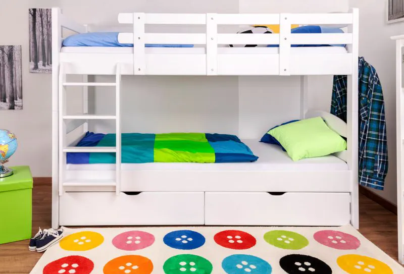 Funktions-Stockbett 90 x 200 cm mit 2 Schubladen als Stauraum | Massivholz: Buche | Weiß Lackiert | umbaubar in zwei Einzelbetten | Premium-Qualität | inkl. Rollroste Abbildung