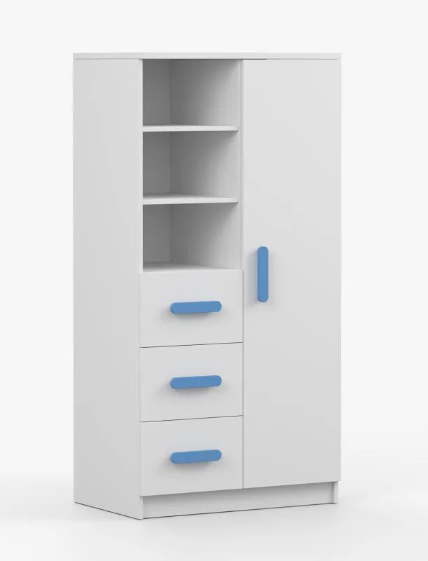 Bücherregal 80 cm breit| Smolikas 43 | Weiß | 3 Schubladen | 159 x 80 x 40 cm | 7 Fächer | blaue Holzgriffe | Kinder- und Jugendzimmer