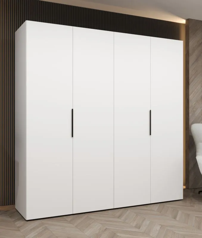Kleiderschrank / Drehtürenschrank Korab 25, Farbe: Weiß, zwei Fächer, vier Türen, Griffe: Schwarz, 2 Meter breit, zwei Kleiderstangen, Soft-Close-Funktion
