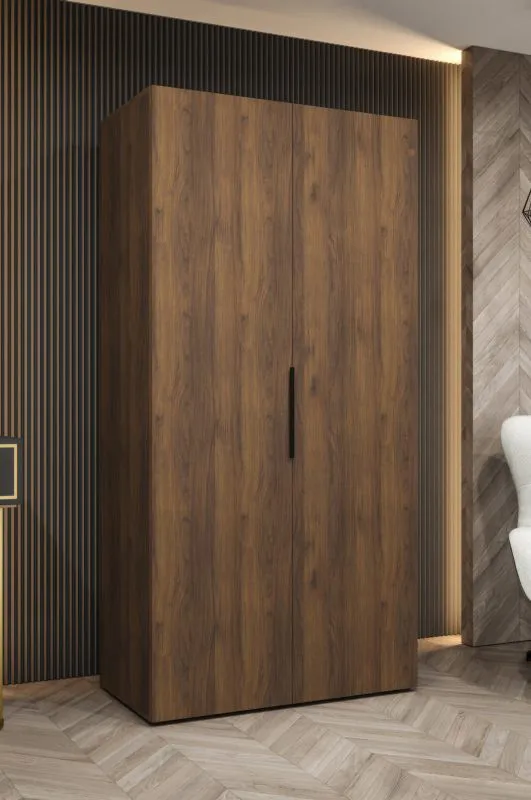 Kleiderschrank mit einer Kleiderstange | Farbe: Walnuss | 1 Meter breit | ein Fach | Soft-Close | zwei Türen | Griffe: Schwarz | Drehtürenschrank