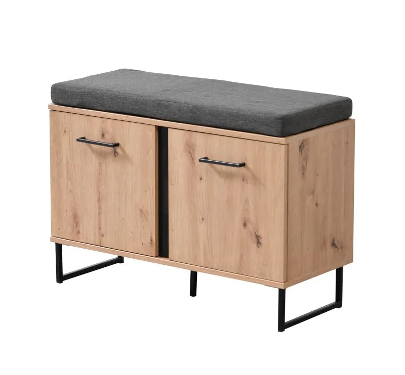 Moderne Sitzbank mit Stauraum Crina 13, Farbe: Eiche Artisan / Schwarz, Polsterung: Grau, gepolsterte Sitzfläche, zwei Fächer, Maße: 59,5 x 84,5 x 35 cm