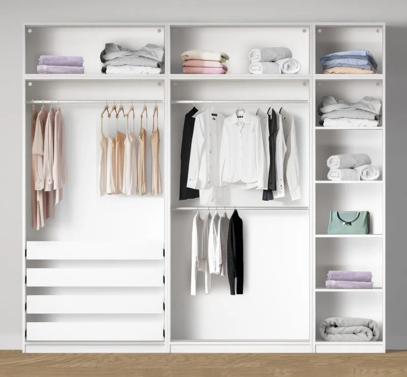 Offener Kleiderschrank | 3 Kleiderstangen | Farbe: Weiß | 4 Innenschubladen | 8 Fächer | Maße: 256,5 x 55 x 234 cm | 4 Holzeinlegeböden | für Ankleidezimmer