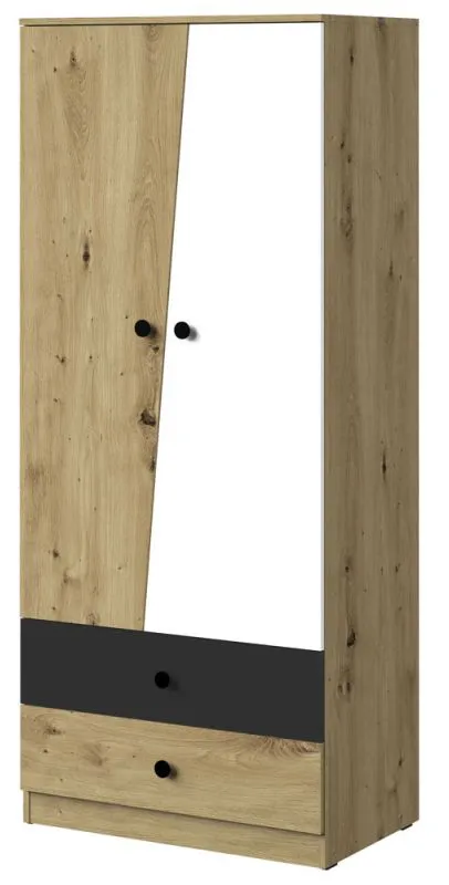 Drehtürenschrank / Kleiderschrank Sirte 01, Farbe: Eiche / Weiß / Schwarz matt - Abmessungen: 190 x 80 x 50 cm (H x B x T)