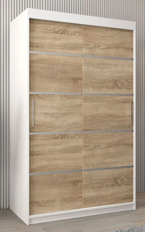 Schiebetürenschrank / Kleiderschrank Jan 02A, Farbe: Weiß matt / Eiche Sonoma - Abmessungen: 200 x 120 x 62 cm ( H x B x T)