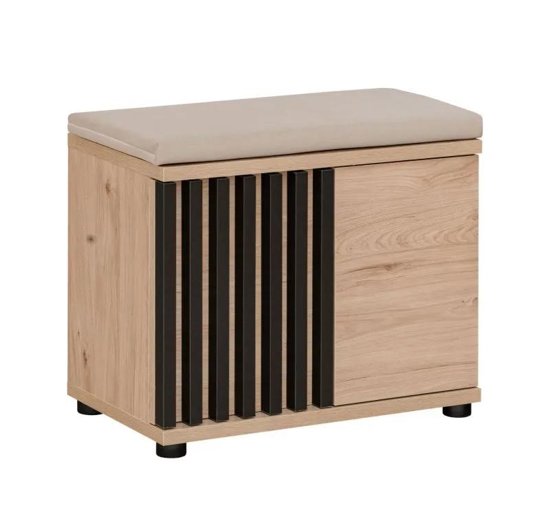 Schuhschrank mit Sitzgelegenheit inkl. Kissen Angvik 04, Farbe: Eiche / Schwarz, gepolstert, zwei Türen, Maße: 46 x 60 x 35 cm, für den Vorraum
