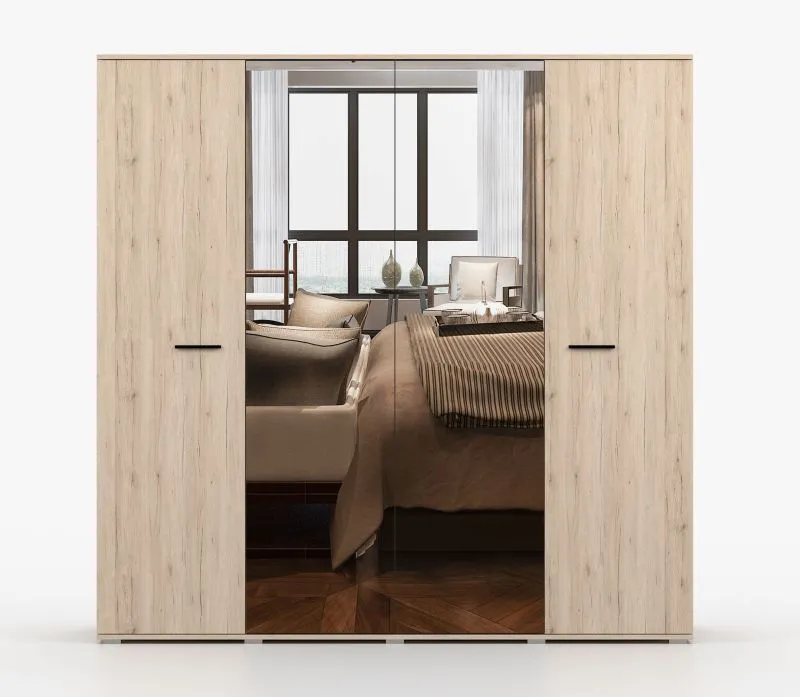 2 Meter breiter Drehtürenschrank / Kleiderschrank mit Spiegel | Eiche / Schwarz Hochglanz | Troodos 02 | 198 x 200 x 58 cm | 4 Türen | 12 Fächer