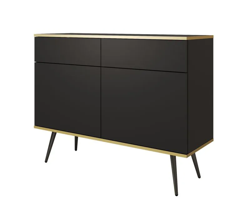 Elegante Kommode mit vier Fächer Horsham 65, Farbe: Schwarz, Push-to-open Funktion, zwei Türen, ABS-Kantenschutz, zwei Schubladen, Beine: Schwarz