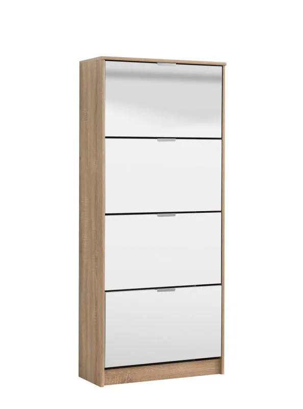 Schuhschrank mit vier Kipptüren Gradide 09, Farbe: Eiche Sonoma, Spiegel-Front, acht Fächer, ABS-Kanten, Maße: 155,5 x 67 x 28 cm, für den Vorraum