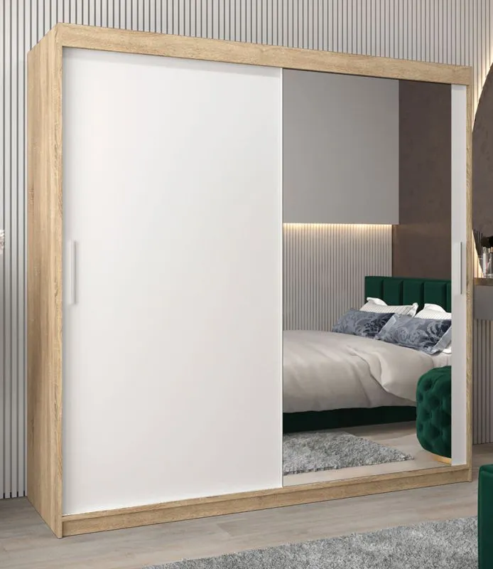 Schiebetürenschrank / Kleiderschrank Bisaurin 5C mit Spiegel, Farbe: Eiche Sonoma / Weiß matt - Abmessungen: 200 x 200 x 62 cm ( H x B x T)