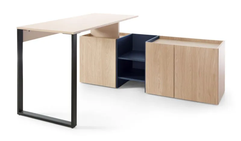 Schreibtisch mit Kommode Authie 08, Beige / Eiche hell / Dunkelblau, 75 x 145 x 135 cm, mit 3 Fächern, Eckschreibtisch, ABS-Kanten, viel Ablagefläche