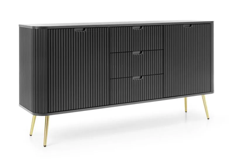 Schwarze Kommode Makreb 12 mit Soft Close System, 87 x 168 x 39 cm, gefräßte Fronten, 3 Schubladen, Beine aus Metall in Gold, 4 Fächer, 2 Türen, ABS