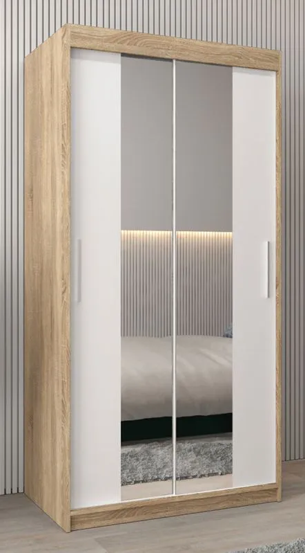 1 Meter breiter Kleiderschrank mit 2 Türen | Farbe: Sonoma Eiche / Weiß Abbildung