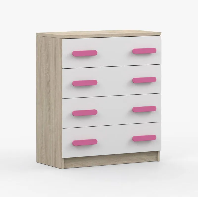Kommode 80 cm breit| Weiß / Sonoma Eiche | Smolikas 02 | rosa Holzgriffe | 90 x 80 x 40 cm | 4 Schubladen | Kinder | Jugend