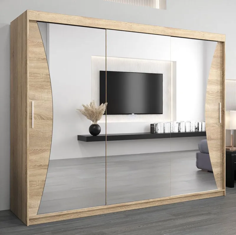 Großer 250 cm breiter Kleiderschrank mit 3 Türen | 10 Fächer | Farbe: Sonoma Eiche Abbildung