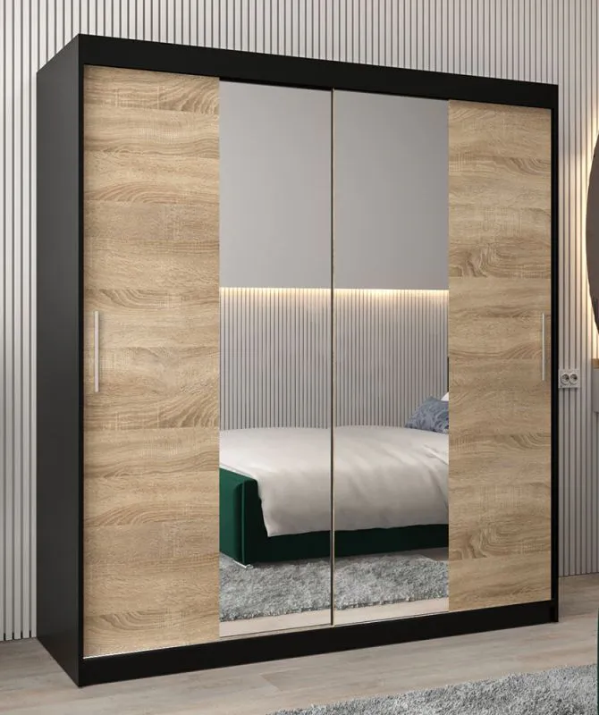 Schiebetürenschrank / Kleiderschrank Bisaurin 4B mit Spiegel, Farbe: Schwarz / Eiche Sonoma - Abmessungen: 200 x 180 x 62 cm ( H x B x T)