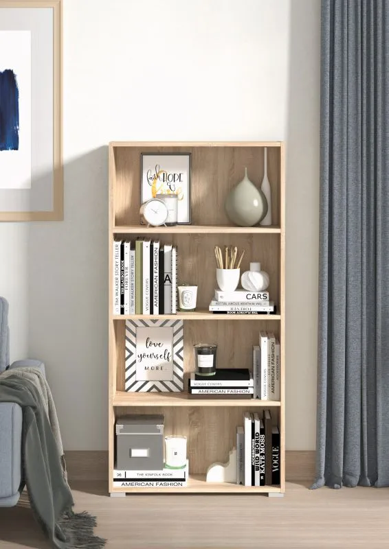 Bücherregal Knide 08, Farbe: Eiche Sonoma, vier Fächer, ABS-Kantenschutz, gut kombinierbar, Maße: 142 x 70 x 24,5 cm, für Wohnzimmer