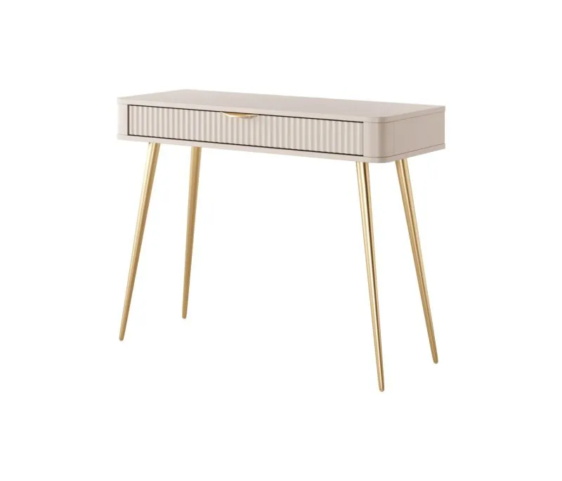 Eleganter Schminktisch Sloughia 15, Farbe: Beige, ABS-Kantenschutz, Griffe und Beine: Metall, 78 x 100 x 38 cm, stilvolle Lamellen-Front