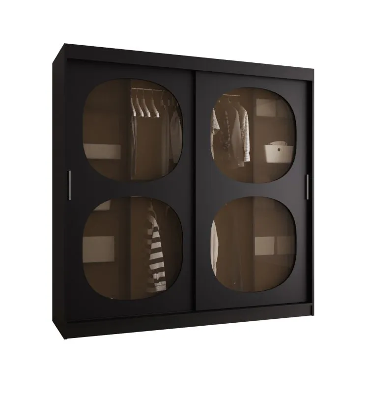 Schiebetürenschrank mit zwei Kleiderstangen Ortler 05, Farbe: Schwarz, 2 Meter breit, 10 Fächer, modernes Design, Kleiderschrank, Türen mit Rauchglas